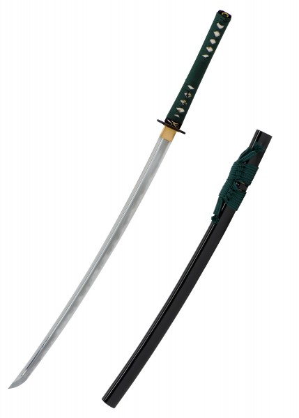 Das John Lee Ten Kei Katana ist ein elegantes japanisches Schwert mit einer geschwungenen Klinge und einer kunstvoll verzierten, dunkelgrünen Griffwicklung. Eine passende schwarz glänzende Scheide rundet das edle Design ab.