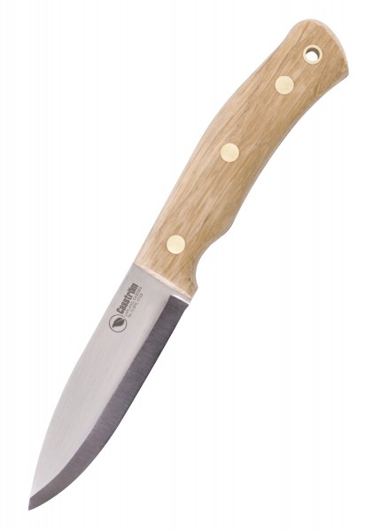 Feststehendes Messer Swedish Forest mit Eichenholzgriff und Feuerstahl. Das Messer hat eine scharfe, langlebige Klinge aus hochwertigem Stahl, befestigt mit drei Nieten im ergonomisch gestalteten Holzgriff.