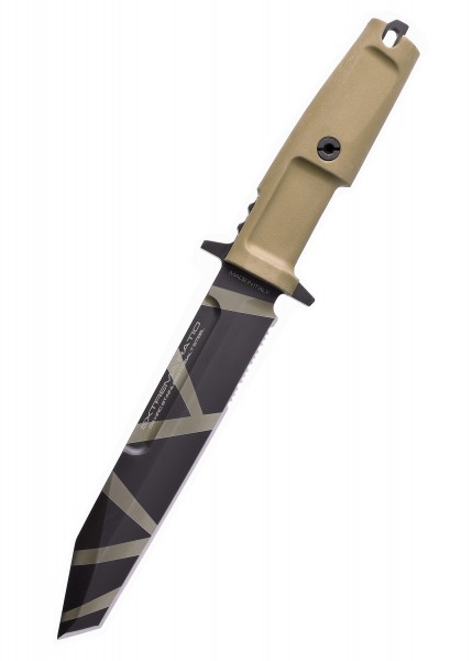 Das Extrema Ratio FULCRUM Desert Warfare ist ein feststehendes Messer mit einer markanten, robusten Klinge und einem sandfarbenen Griff. Ideal für Outdoor-Abenteuer und taktische Anwendungen. Ergonomisches Design für optimalen Griff.