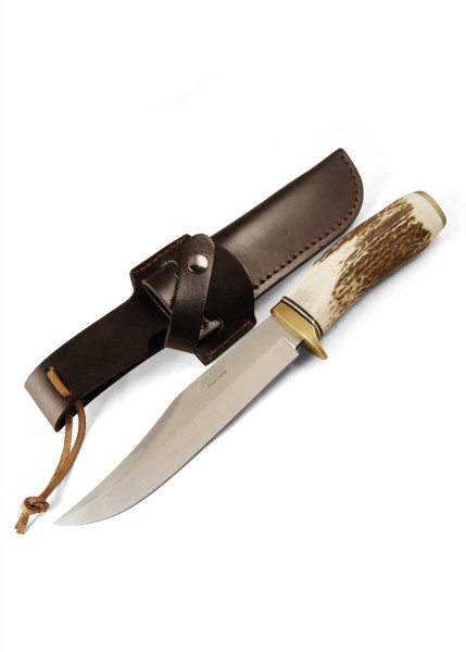 Hochwertiges Jagdmesser mit einer 165 mm Klinge und einem Griff aus Hirschhorn. Das Messer wird mit einer robusten, braunen Lederscheide geliefert. Perfekt für Outdoor-Aktivitäten und Jagdzwecke geeignet.