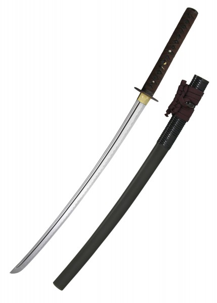 Die Tori XL Light Katana ist eine hochwertige, handgefertigte Samuraischwert mit einer 28,5 Zoll langen Klinge aus gefaltetem Stahl. Der Griff ist mit braunem Band umwickelt, und die Scheide ist schlicht und schwarz gehalten.