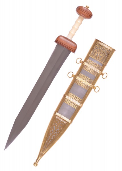 Der Gladius aus Mainz aus dem 1. Jahrhundert n. Chr. ist ein antikes römisches Kurzschwert. Es hat eine breite Klinge und einen hölzernen Griff. Die detailreiche Scheide ist mit goldenen Verzierungen und Ringen ausgestattet.