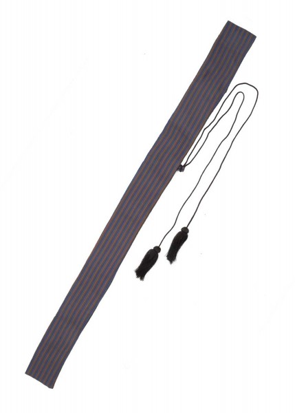 Japanische Schwerttasche mit Streifenmuster von Paul Chen. Die Tasche hat ein einfaches, stilvolles Design mit blauen und roten Streifen und zwei schwarzen Quasten am Ende der Schnüre.