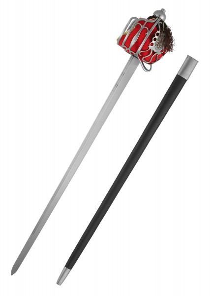 Schottisches Backsword mit Korbgefäß. Das Schwert hat eine lange, gerade Klinge und einen roten Griff mit einem dekorativen Korbhandgriff. Die Klinge kommt auch mit einer schwarzen Scheide zur sicheren Aufbewahrung.