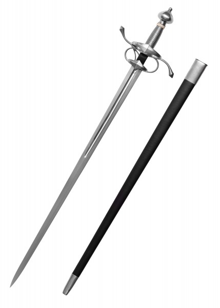 Das Seitschwert ist ein elegantes Schwert mit einem geschwungenen Handschutz und Metallgriff. Die lange, scharfe Klinge wird mit einer passenden, schwarzen Scheide geliefert, die silberne Akzente aufweist.