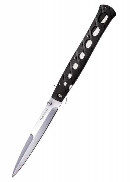 Das Taschenmesser Ti-Lite hat eine 6-Zoll-Klinge aus Edelstahl und einen schwarzen Zy-Ex-Griff mit runden Lochmustern. Die scharfe und schmale Klinge eignet sich für präzises Schneiden. Der Griff bietet eine gute Ergonomie und sicheren Halt. Das Mess