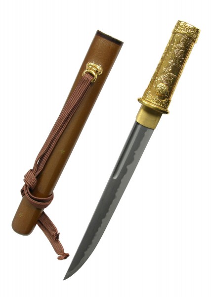 Das Bushido Tanto ist ein elegant gestaltetes Messer mit einer scharfen Klinge und detailliert graviertem Griff. Die dazugehörige Scheide ist schlicht gehalten und mit einem funktionalen Band versehen.