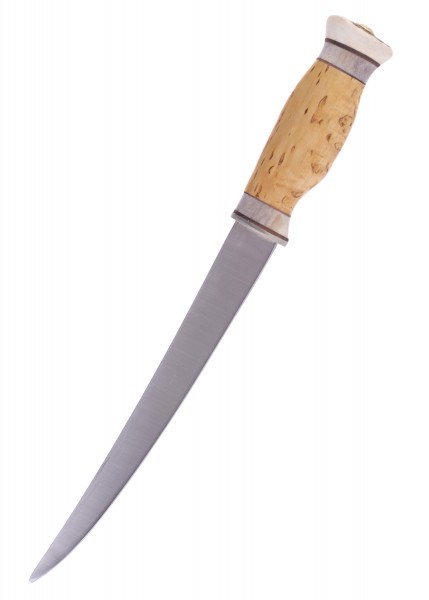 Das Filetiermesser Fileerausveitsi iso von Wood Jewel hat eine scharfe Klinge und einen ergonomischen Griff aus hellem Holz. Perfekt für präzises Filetieren von Fisch oder Fleisch.