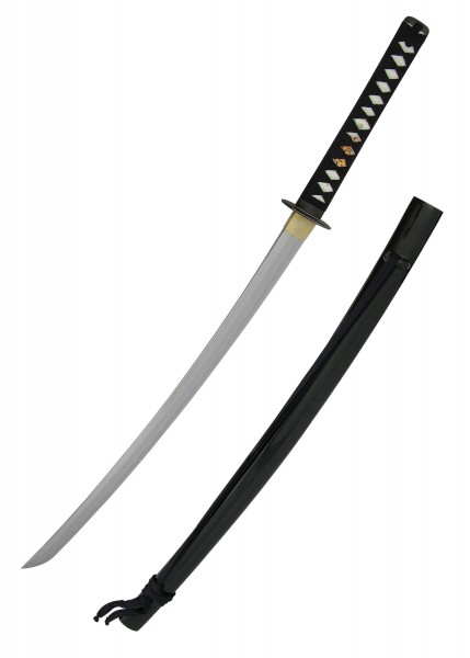 Praktisches Elite-Katana mit einer scharfen, gebogenen Klinge und einer schwarzen Scheide. Der Griff ist mit traditionellen japanischen Mustern verziert. Ideal für Sammler und Kampfsportler.