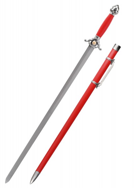 Das Practical Wushu Schwert ist ein elegantes und funktionales Trainingsschwert, perfekt für Wushu-Praktiken. Es hat eine lange, schlanke Klinge und einen roten Griff sowie eine passende rote Scheide mit Metallverzierungen.