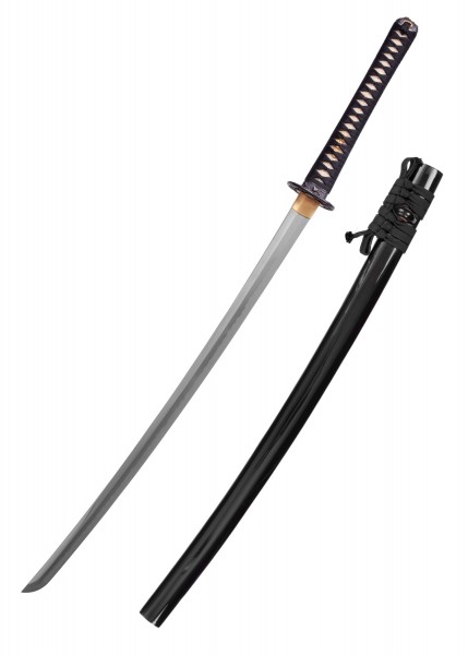 Das Bild zeigt das Monkey Katana, ein elegantes Samurai-Schwert mit einer silbernen Klinge und einem stilvollen schwarzen Griff. Die Schwertscheide ist glänzend schwarz gehalten und harmoniert perfekt mit dem Design des Schwertes.