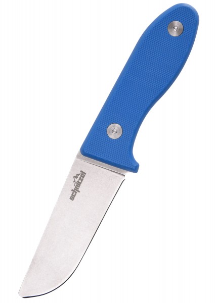 Das Bild zeigt ein blaues Kinderschnitzmesser von Schnitzel UNU. Das Messer hat eine abgerundete Spitze und einen ergonomisch geformten Griff, der für kleine Hände geeignet ist. Es ist speziell für die Sicherheit und einfache Handhabung von Kindern e