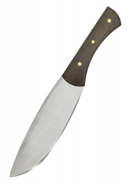 Das Knulujulu Messer von Condor präsentiert sich mit einer robusten, glänzenden Edelstahlklinge und einem eleganten, dunklen Holzgriff mit Messingnieten. Ideal für vielseitigen Einsatz in der Küche oder im Outdoor-Bereich.
