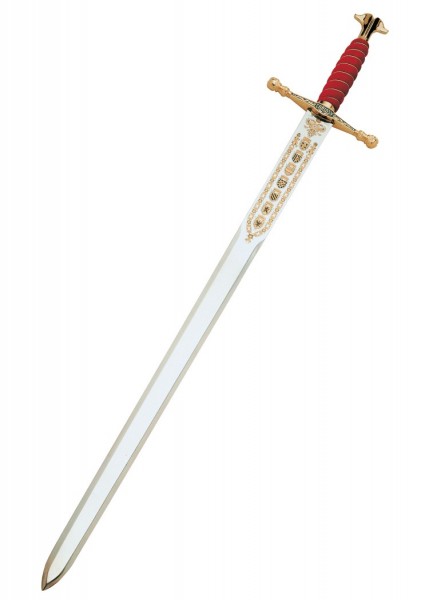 Das Langschwert von Karl dem V. von Marto. Es hat eine kunstvoll verzierte Klinge, goldene Verzierungen und einen rot umwickelten Griff. Das historische Schwert ist ein Höhepunkt der Schmiedekunst.