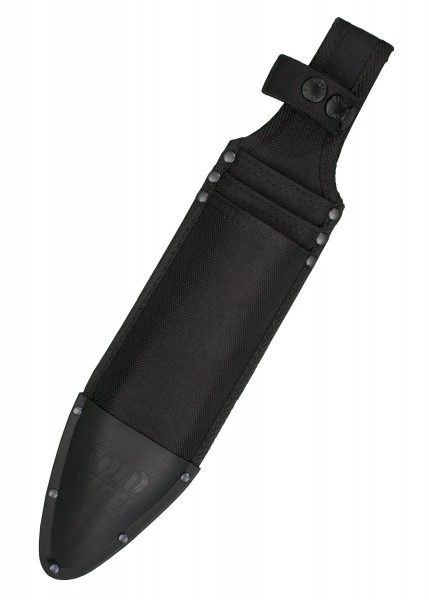 Die abgebildete Scheide für drei Wurfmesser besteht aus robustem schwarzem Nylon und Kunststoff. Sie ist mit Nieten verstärkt und besitzt eine Schlaufe mit Druckknöpfen. Das Design ist funktional und minimiert das Verletzungsrisiko beim Transport der