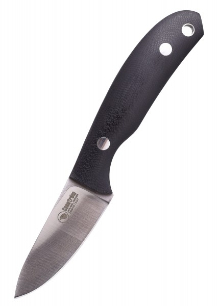 Das Bild zeigt das feststehende Messer Safari von Casström mit einer schwarzen G10-Griffschale. Die Klinge ist aus hochwertigem Stahl gefertigt und das Messer hat ein robustes und ergonomisches Design. Zwei Löcher am Griff ermöglichen das Befestigen 