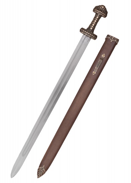Das Wikingerschwert der Insel Eigg ist ein detailliert gefertigtes Schwert mit einer bronzenen Parierstange und Knauf. Der lange, gerade Klinge liegt sicher in einer ebenfalls verzierten, braunen Scheide.