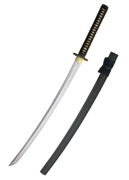 Das Practical Plus XL Katana hat eine elegante, geschwungene Klinge und einen stabilen, schwarzen Griff. Die Detailaufnahme zeigt die feinen, traditionellen Verzierungen dieses japanischen Schwerts, das auch eine schwarze Scheide umfasst.
