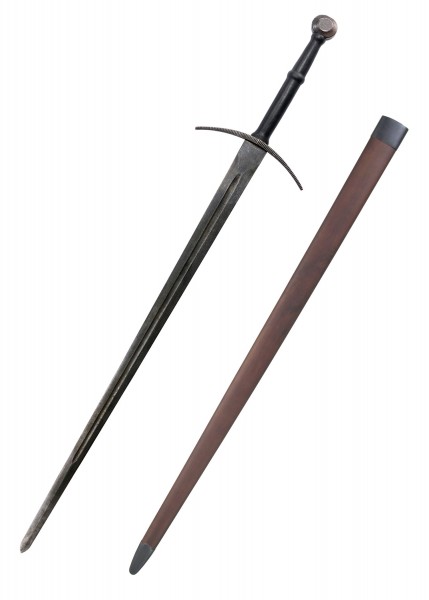 Dieses Bastardschwert, auch als Anderthalbhänder bezeichnet, kommt mit einer passenden Scheide. Das Schwert zeichnet sich durch seine große Klinge und den ausgeprägten Griff aus, ideal für historische Reenactments oder Sammlungen.
