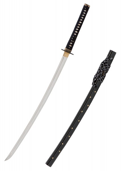 John Lee Zaza Iaito Katana mit einer schwarzen Scheide und eleganten Details. Das Schwert verfügt über eine geschärfte Klinge und einen schwarz-weißen Griff, ideal für Iaido-Übungen. Perfekte Balance und Authentizität.