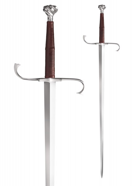 Das Deutsche Langschwert von Cold Steel zeigt ein elegantes Design mit einer langen, geraden Klinge, einem lederummantelten Griff und einer kunstvoll gestalteten Parierstange. Ideal für Kampfkunst-Enthusiasten und Sammler historischer Waffen.