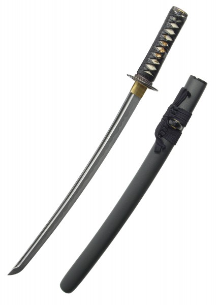 Das Musashi Wakizashi ist ein kunstvoll gestaltetes japanisches Schwert. Es besitzt eine gebogene Klinge, einen geflochtenen Griff und eine scheide in schwarz. Ideal für Kampfkunstsammler und Enthusiasten.