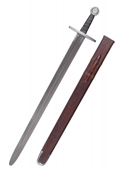 Dieses Hochmittelalter Schaukampfschwert mit Scheide zeichnet sich durch eine detailreiche Klinge und einen robusten Griff aus. Die braune Lederscheide bietet optimalen Schutz und bewahrt das historische Design.