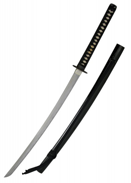 Die Practical Pro Elite Katana ist ein hochwertiges japanisches Schwert mit einem geschwungenen, glänzenden Klingenblatt. Der traditionelle, schwarze Griff ist mit hellen Verzierungen und die dazugehörige Scheide ergänzt das elegante Design.