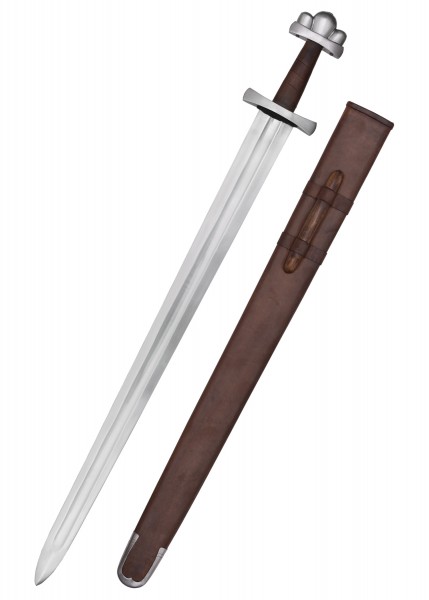 Wikingerschwert aus dem 10. Jh., ausgestellt im Nationalmuseum Kopenhagen. Es verfügt über eine doppelschneidige Klinge und einen braunen Lederscheide. Der Knauf und der Griff sind schlicht und funktional gestaltet.