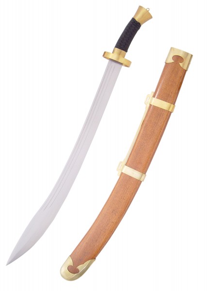 Das Ochsenschwanz-Dao von Paul Chen ist ein traditionelles chinesisches Schwert mit einer eleganten, leicht gebogenen Klinge und goldenen Beschlägen. Der Holzscheide sorgt für sicheren Transport und Aufbewahrung.