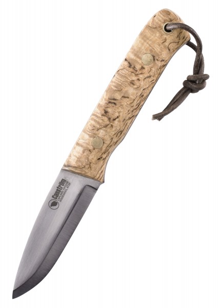 Das feststehende Messer Woodsman von Casström hat einen Griff aus Maserbirke und eine scharfe Klinge. Ein Lederriemen ist am Griff befestigt. Ideal für Outdoor-Aktivitäten und Bushcraft.