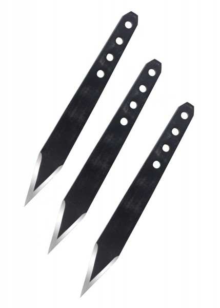 Das Bild zeigt das Half Spin Thrower Knife Set von Condor. Es besteht aus drei schwarzen Wurfmessern mit scharfen Klingen und mehreren runden Ausschnitten entlang des Griffs für eine optimale Balance. Diese Messer eignen sich ideal für Präzisionswürf