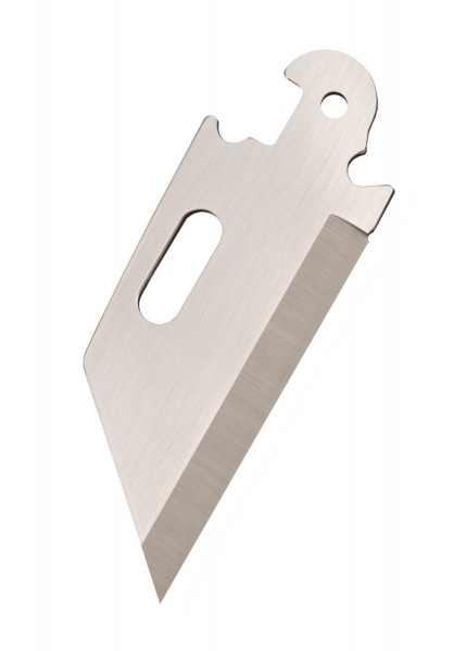 Das Bild zeigt eine Ersatzklinge für das Click-N-Cut Messer. Die glatte Klinge aus Edelstahl ist in einem 3er Pack erhältlich. Sie hat eine scharfe Schneide und einen Haken am oberen Ende zur sicheren Befestigung.