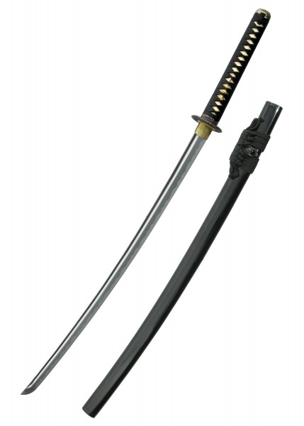 Das Bild zeigt eine Shinto Katana. Die Klinge ist elegant geschwungen und glänzend, während der Griff mit schwarzem Band umwickelt ist. Die Scheide ist schwarz und schlicht gestaltet, perfekt für Sammler und Schwertliebhaber.