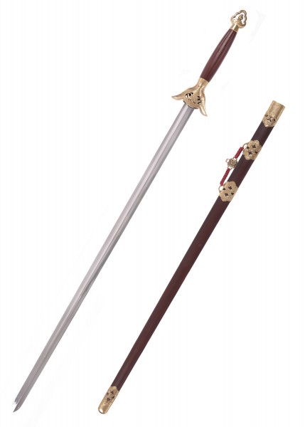 Das Einhand-Jian mit Schwalbenmotiv ist ein elegantes Schwert mit einer schlanken Klinge und kunstvoll verziertem Griff. Die Scheide aus dunklem Holz ist mit dekorativen Beschlägen versehen, die das Schwalbenmotiv betonen.