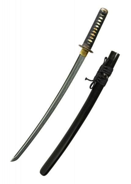 Die Shinto Wakizashi ist ein elegantes, traditionelles japanisches Kurzschwert. Es zeigt eine kunstvoll gemusterte Klinge und einen mit schwarzem Band umwickelten Griff, komplett mit einer schwarzen Scheide.