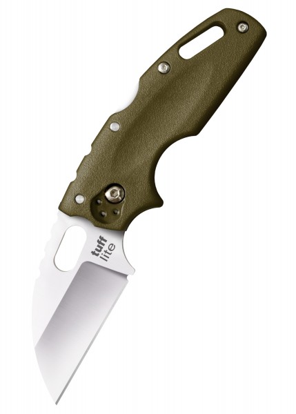 Das Bild zeigt ein olivgrünes Taschenmesser Tuff Lite mit glatter Schneide. Das Messer hat eine ergonomische Griffgestaltung und eine rostfreie Klinge. Der Griff besitzt mehrere Befestigungspunkte und eine strukturierte Oberfläche für besseren Halt.