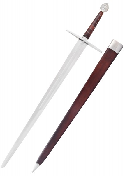 Langes Schwert mit elegantem Handschutz und geformtem Griff, perfekt für Schaukampf. Die glänzende Klinge wird von einer stilvollen braunen Scheide begleitet. Robuste und authentische Mittelalter-Replik.