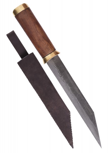 Kurzsax aus Damaststahl mit einem Griff aus Holz und einer eleganten braunen Lederscheide. Feine Details und hochwertige Materialien machen dieses Wikinger inspirierte Messer zu einem einzigartigen Sammlerstück.