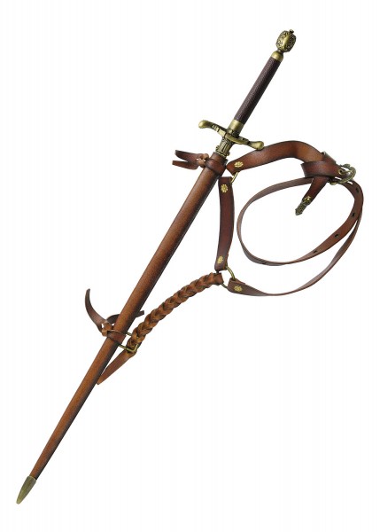 Detailedlepetition qualitätsvolle Scheide für Arya Starks Schwert "Nadel" aus der Serie Game of Thrones. Die Scheide ist aus hochwertigem Leder gefertigt und verfügt über metallene Akzente und eine detaillierte Verzierung.