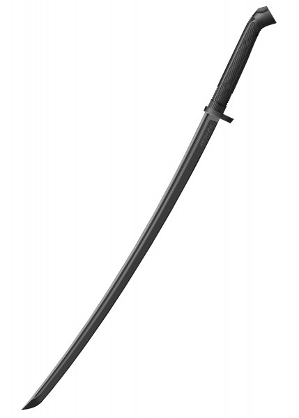 Das Bild zeigt ein Honshu Practice Katana mit einer schwarzen, geschwungenen Klinge und einem rutschfesten Griff. Diese Übungskatana ist ideal für das Training und die Verbesserung der Schwertführung. Perfekt ausbalanciert und langlebig.