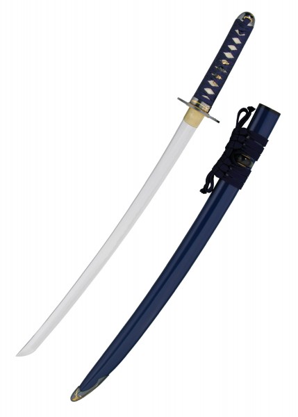 Orchid Wakizashi, ein elegantes japanisches Kurzschwert mit einer scharfen Klinge und einem blauen Griff mit goldenen Akzenten. Die Schwertscheide ist ebenfalls blau mit dekorativen Schnüren. Ideal für Sammler und Enthusiasten.