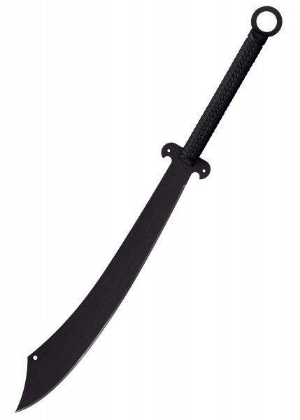 Chinesische Kriegsschwert-Machete, 2017er Modell. Die Machete hat eine gebogene, breite Klinge und einen schwarzen, texturierten Griff mit Ring am Ende. Ideal für Sammler oder als multifunktionales Werkzeug.