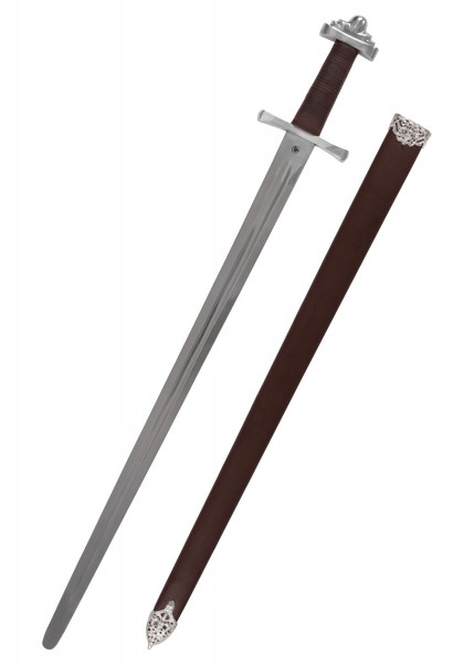 Ein Wikingerschwert aus dem 10. Jahrhundert mit einer passenden Scheide. Ideal für den Schaukampf. Das Schwert hat eine silberne Klinge und einen braunen Griff. Die Scheide ist ebenfalls braun und hat silberne Akzente.