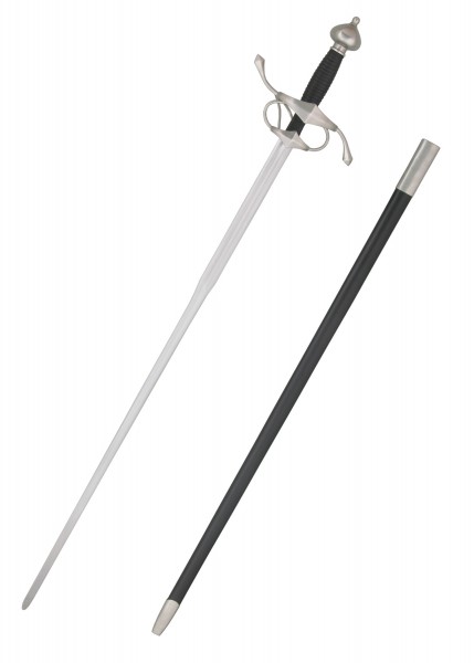 Das Seitschwert für Schaukampf ist ein traditionelles Schwert mit einer langen, schlanken Klinge und einem schwarzen Griff, der in einer kunstvoll gestalteten Parierstange endet. Das Schwert wird mit einer schwarzen Scheide geliefert.