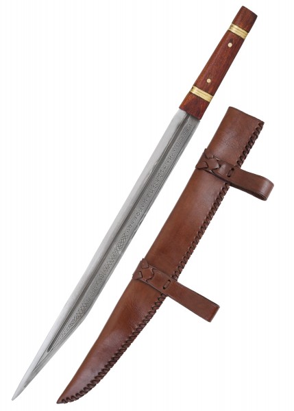 Das Bild zeigt das Sax von Beagnoth, eine lange, gerade Klinge mit aufwendig graviertem Schaft und einem Holzknochen. Das Schwert wird mit einer gut verarbeiteten Lederscheide geliefert, die perfekt dazu passt.