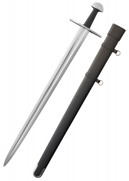 Ein Tinker Normannen-Schwert mit einer scharfen Klinge und einem stabilen Griff. Das Bild zeigt auch die dazugehörige schwarze Scheide, die einfach zu tragen ist und das Schwert sicher aufbewahrt.