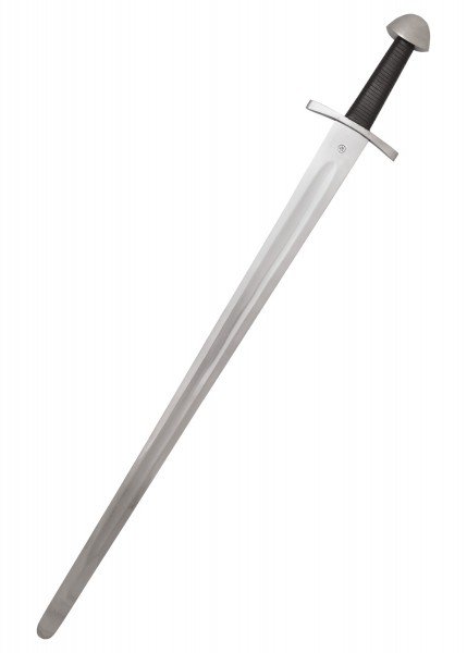 Normannischer Einhänder Schaukampfschwert SK-B zeigt eine imposante mittelalterliche Klinge mit Parierstange und ergonomischem Ledergriff, perfekt für historische Reenactments und Sammlungen.
