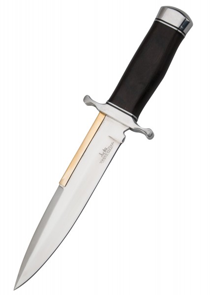 Das Gil Hibben Old West Stiefelmesser ist ein elegantes Messer mit einer glänzenden Klinge und einem robusten, dunkelbraunen Griff. Es wird mit einer hochwertigen Scheide geliefert. Die klassische Gestaltung verleiht ihm einen historischen Touch.