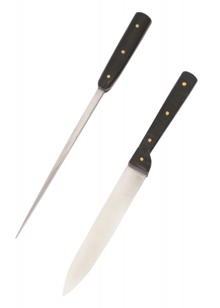 Mittelalterliches Tafelmesser mit Essdorn, rostfrei. Das Messer zeigt eine schlichte, robuste Form mit einem schwarzen Griff und goldfarbenen Nieten, perfekt für historische Darstellungen oder mittelalterliche Tafelszenarien.